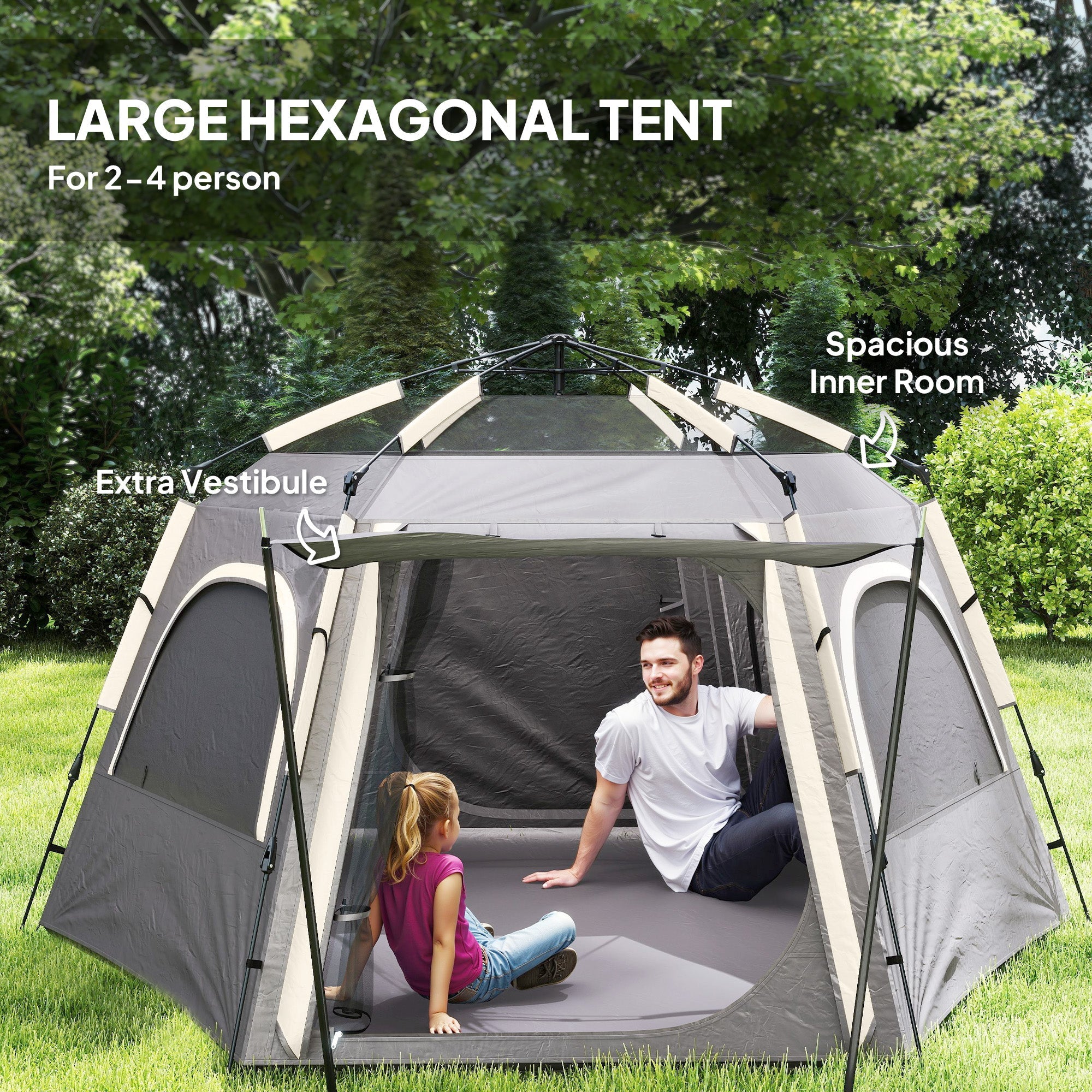 Outsunny Instant Camping Tent, 2/3/4 Person Easy Setup Family Tent with Vestibule, Rainfly, 4 Mesh Windows & 2 Doors, Hexagonal Design, Waterproof UV Protected Dome Tent, Dark Grey 