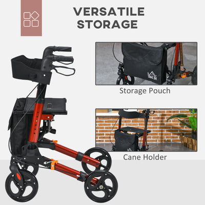 HOMCOM 4 Wheel Rollator with Seat and Back, Folding Mobility Walker with Carry Bag, Adjustable Height, Dual Brakes, Cane Holder, Lightweight Aluminium Walking Frame for Seniors and Disabled, Red 