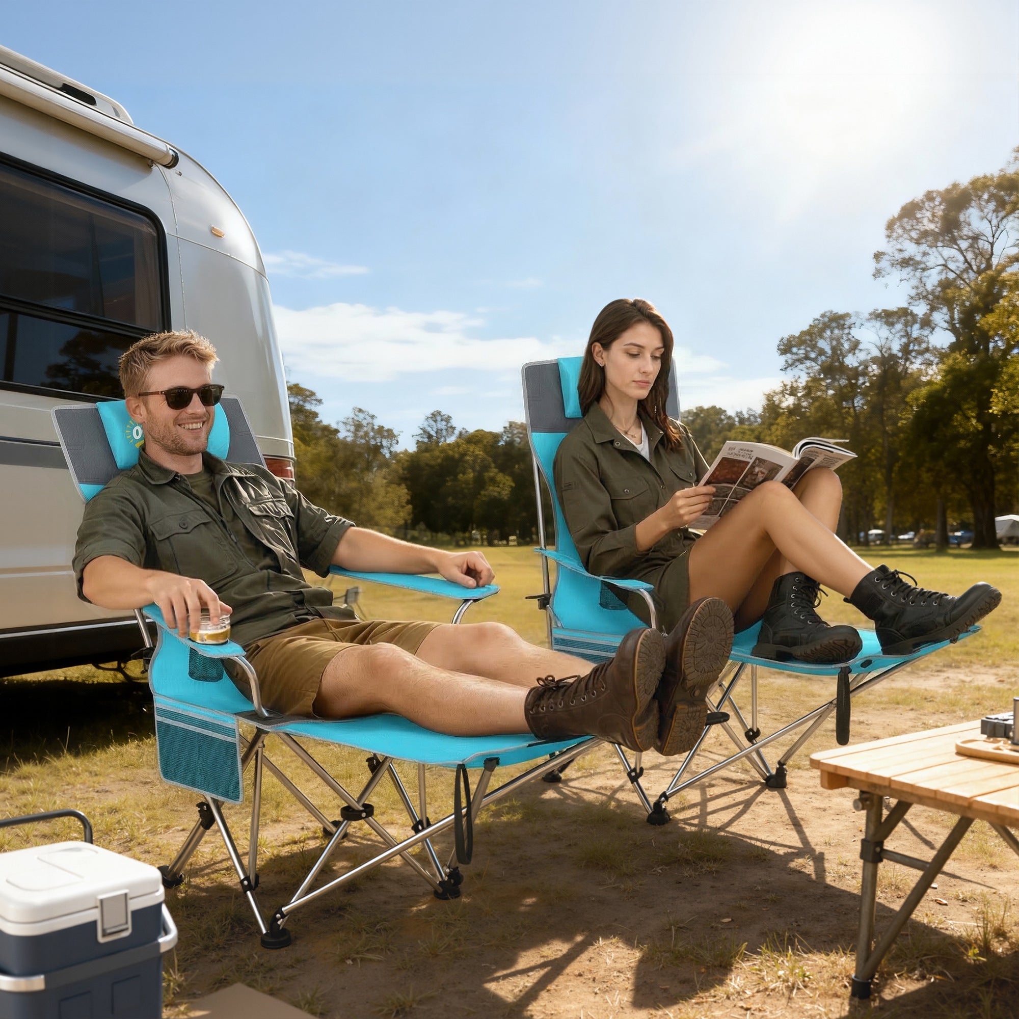 Outsunny Set of 2 Reclining Folding Camping Chair w/ Detachable Footrest, Storage Bag, Cup Holder & Headrest, Blue and Grey 