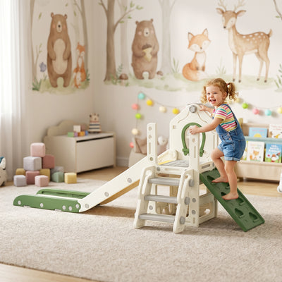 AIYAPLAY Foldable 4 in 1 Toddler Slide with Climber, Basketball Hoop, Storage Space and Basketball for Ages 1-3 Years, Cream