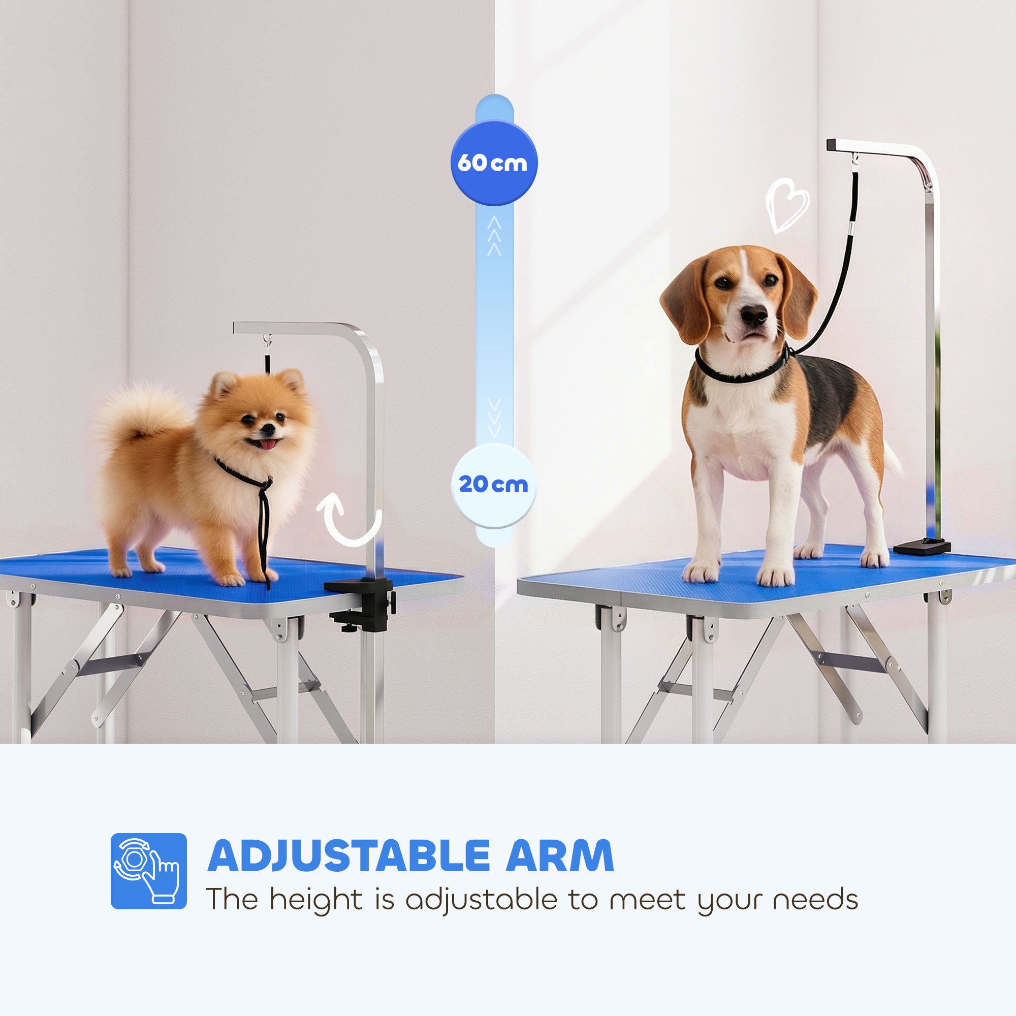 PawHut 32" Foldable Dog Grooming Table Pet Drying Beauty Table Adjustable Fixed Arm Rubber Top, Blue 
