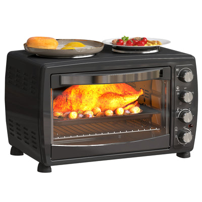 HOMCOM 36L Small Oven with 2 Hot Plates, Countertop Toaster Oven, Grill, Roast, Bake, Boil, with Timer, Adjustable Temperature, Electric Oven with Baking Tray, Grill Rack, Crumb Tray, 2600W, Black 