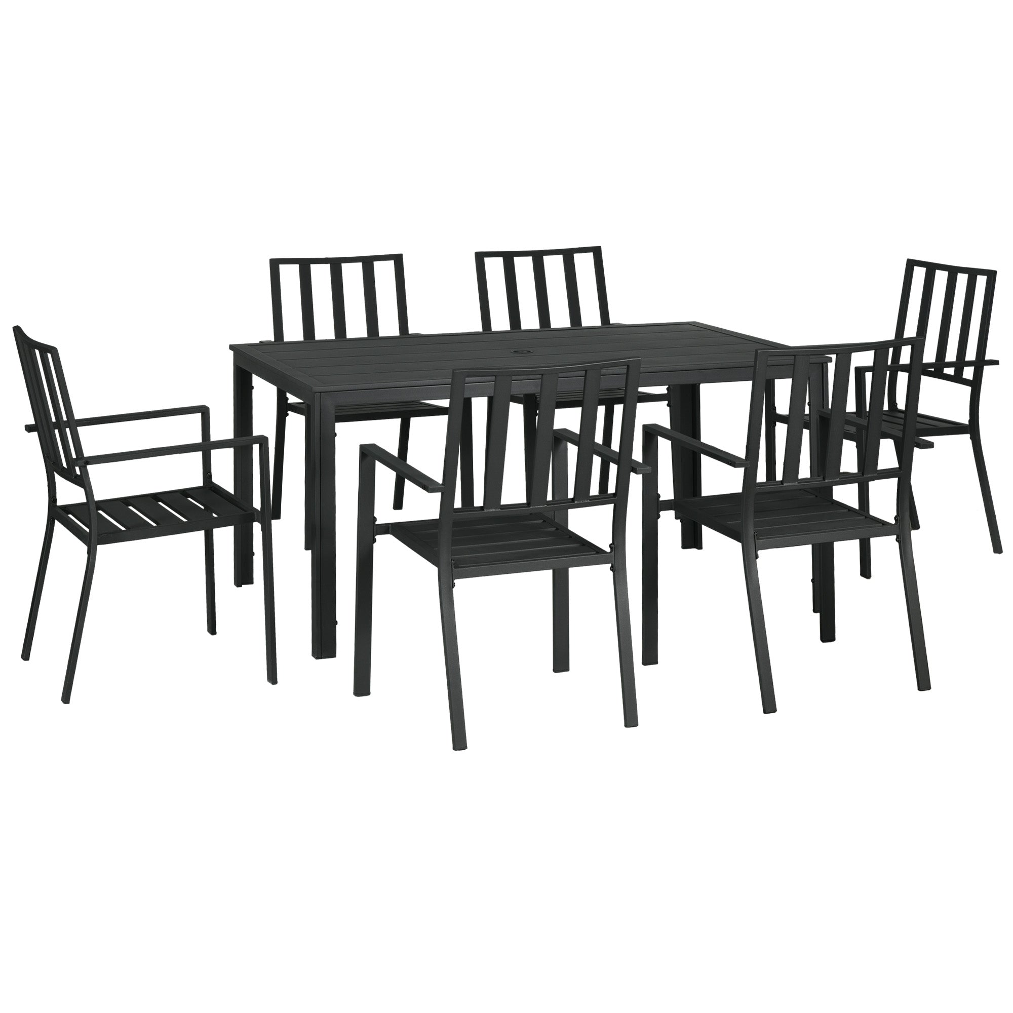 Outsunny Seven-Piece Minimal Metal Garden Dining Set, with Parasol Hole - Black
