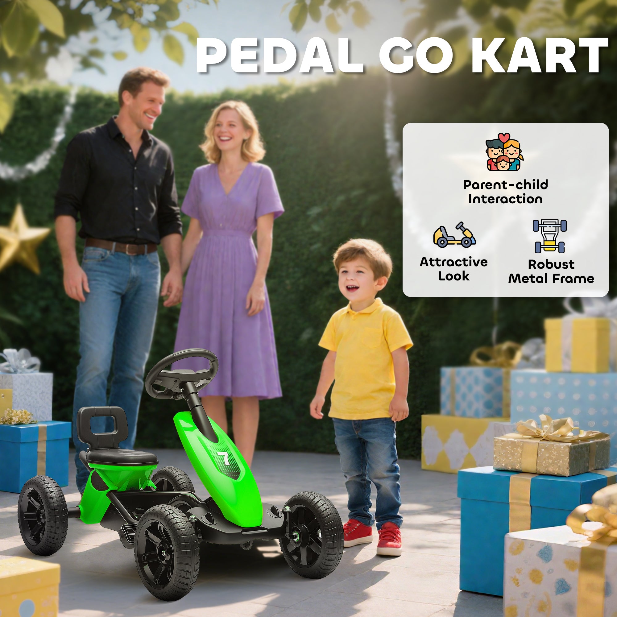 AIYAPLAY Pedal Go Kart for Kids 2-5 Years, with Silent EVA Wheels, Metal Frame, Green