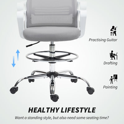 HOMCOM Draughtsman Chair, Mesh Drafting Chair, Ergonomic Office Chair with Lumbar Support, Adjustable Foot Ring, Grey 
