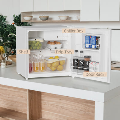 HOMCOM 46 Litre Table Top Mini Fridge, Small Fridge with Ice Box, Reversible Door, Adjustable Temperature and Legs for Bedrooms, Home Office, Cream 