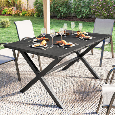Outsunny Garden Dining Table for 6, Rectangular Outdoor Table with Wood Effect HDPE Top, X-Shaped Metal Legs, Black 