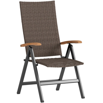 Outsunny Outdoor Folding Rattan Chair with Armrests, High Backrest, for Garden, Camping, Balcony, Porch - Brown 