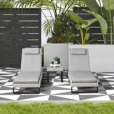 Outsunny 3-piece PE Rattan Sun Lounger Set with Adjustable 5-Position Recliner, Patio Chaise Lounge Chair Set with Cushions, Headrests, Glass Top Square Coffee Table, Light Grey 