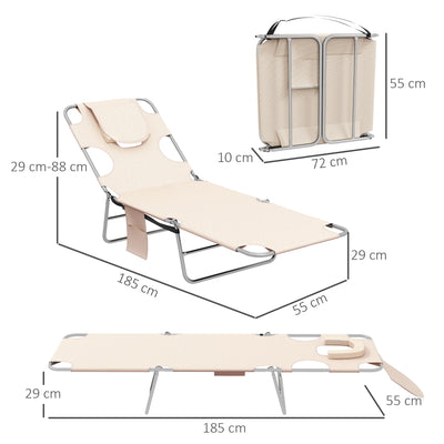 Outsunny Foldable Sun Lounger Set of 2, Beach Chaise Lounges with Reading Hole, Arm Slots, 5-Position Adjustable Backrest, Side Pocket, Pillow for Patio, Garden, Beach, Pool, Beige 