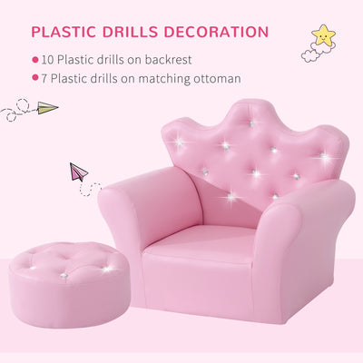 HOMCOM Children Kids Sofa Set Armchair Chair Seat with Free Footstool PU Leather for Girls 58L x 40.5W x 49H cm Pink 