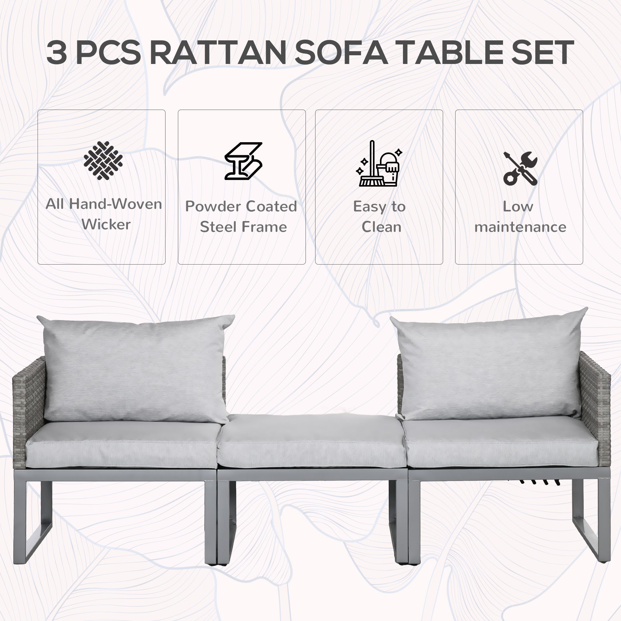 Outsunny 3-in-1 Rattan Bistro Set, Wicker Garden Furniture Set with 2-level Rising Table, Adjustable 3-seater Sofa Lounger with Washable Cushions for Outdoor, Patio, Balcony, Grey 