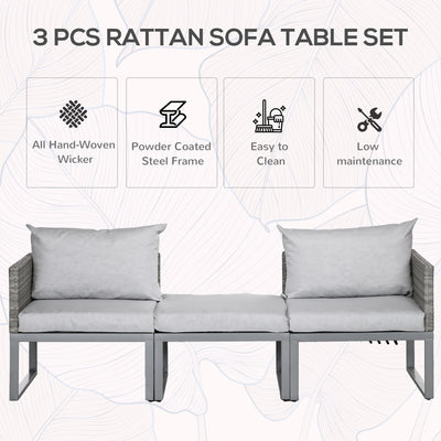 Outsunny 3-in-1 Rattan Bistro Set, Wicker Garden Furniture Set with 2-level Rising Table, Adjustable 3-seater Sofa Lounger with Washable Cushions for Outdoor, Patio, Balcony, Grey 