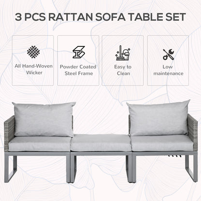 Outsunny 3-in-1 Rattan Bistro Set, Wicker Garden Furniture Set with 2-level Rising Table, Adjustable 3-seater Sofa Lounger with Washable Cushions for Outdoor, Patio, Balcony, Grey 