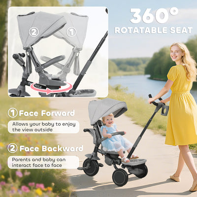 AIYAPLAY 6 in 1 Foldable Kids Trike with Adjustable Parent Handle & Canopy for Ages 1-5, Grey 