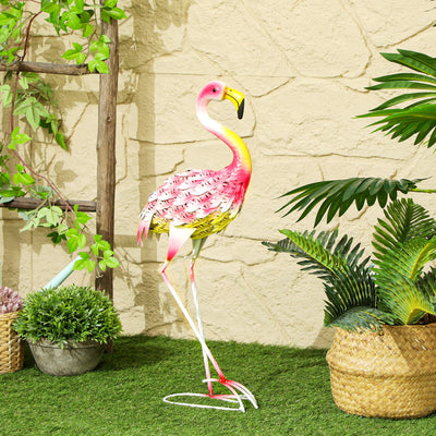 Outsunny Flamingo Garden Statue Ornament, Metal Bird Art Outdoor Statue, Standing Garden Sculpture Gift with Ground Stakes for Pond Landscape Decoration, Pink 
