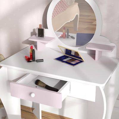 ZONEKIZ Bunny-Design Kids Dressing Table, with Mirror and Stool - White and Pink 