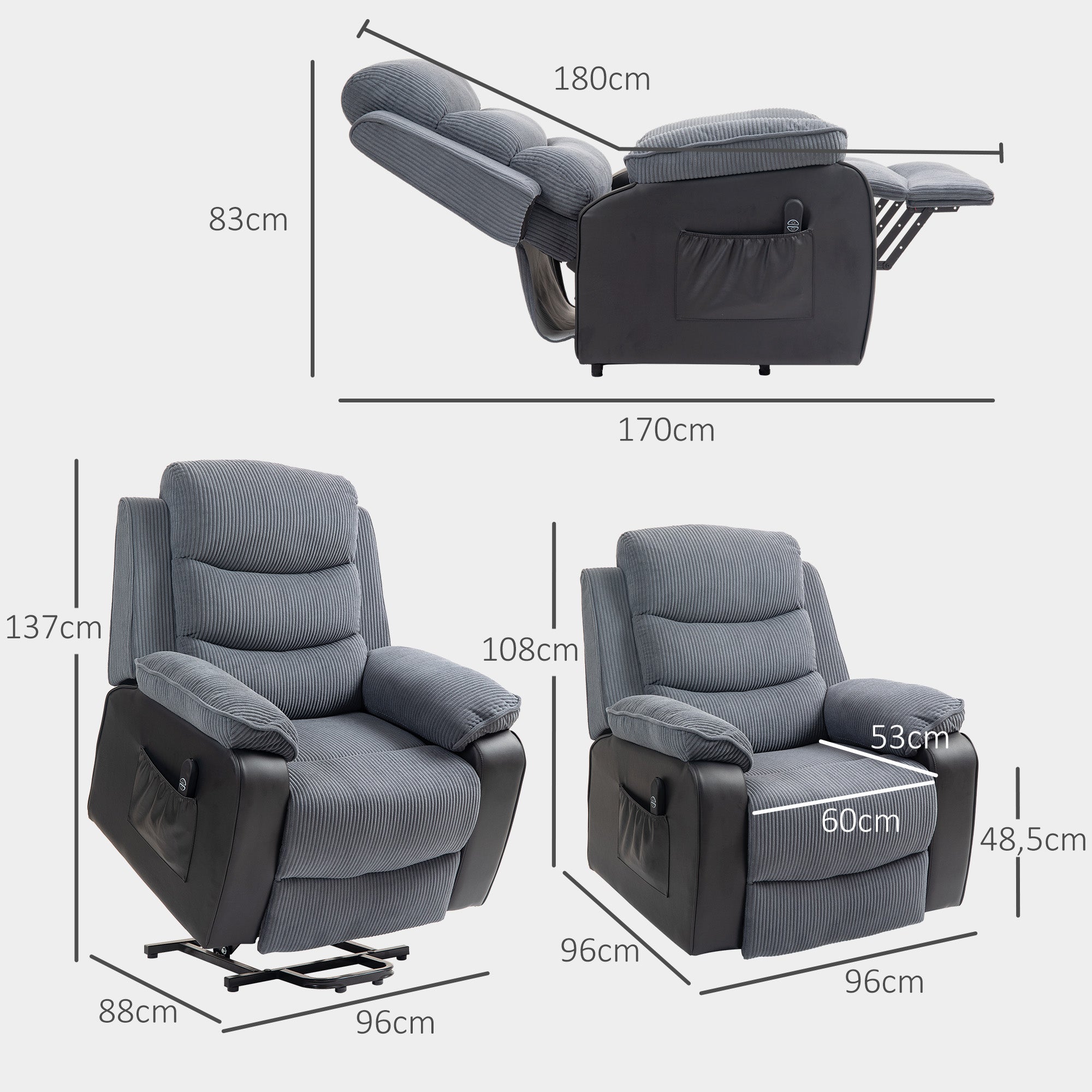 HOMCOM Power Lift Recliner Chair for Elderly, Patchwork Design Oversized Electric Riser and Recliner Armchair for Living Room with Remote Control, USB Port and 2 Side Pockets, Dark Grey 