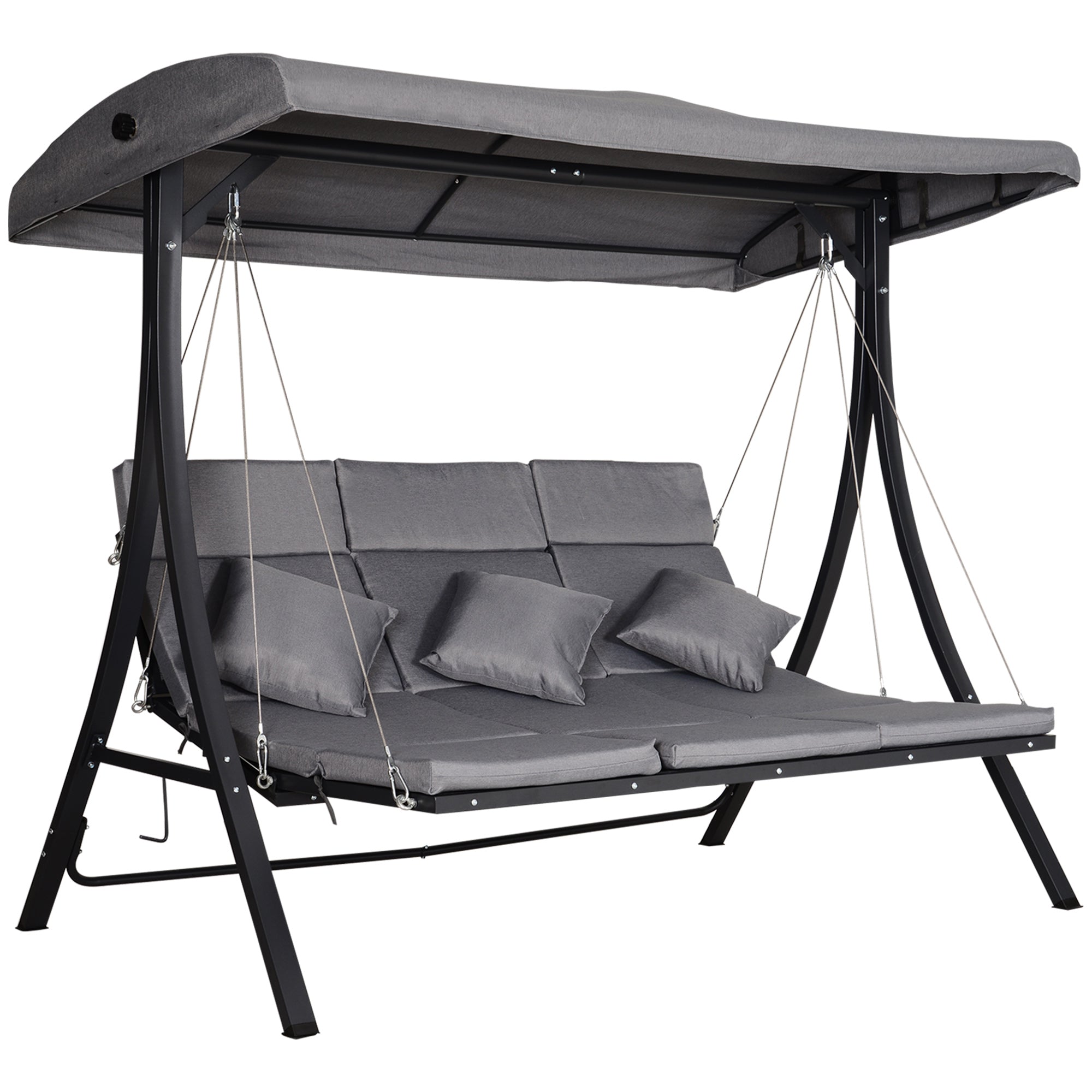 Outsunny 3 Seater Garden Swing Seat Outdoor Swing Chairs Chaise Lounge Padded Seat Hammock Canopy Porch Patio Bench Bed Recliner Sun Lounger - Grey 