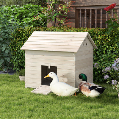 PawHut Wooden Duck House Poultry Coop for 2-4 Ducks with Openable Roof Raised Feet Air Holes Natural 
