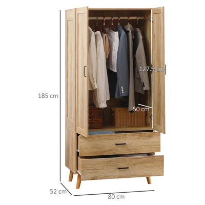 HOMCOM 2 Door Wardrobe, Modern Wardrobe with 2 Drawer and Hanging Rail for Bedroom, Natural 