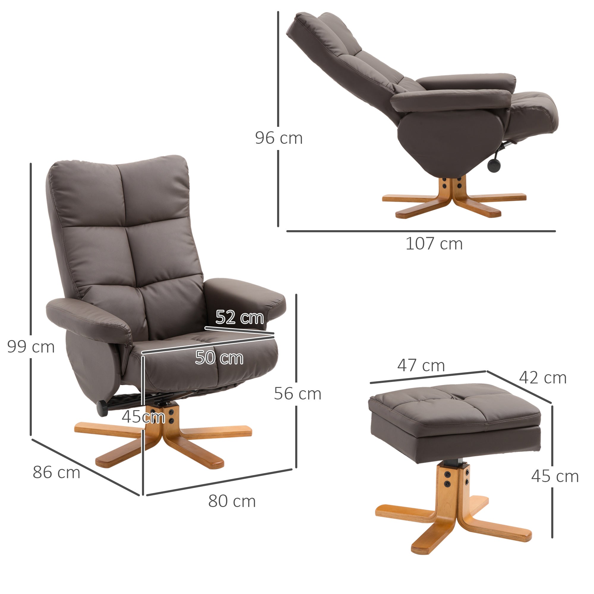 HOMCOM Recliner Armchair, Swivel Reclining Chair With Ottoman, Swivel Faux Leather Chair with Wooden Base and Storage Footstool for Living Room, Brown 
