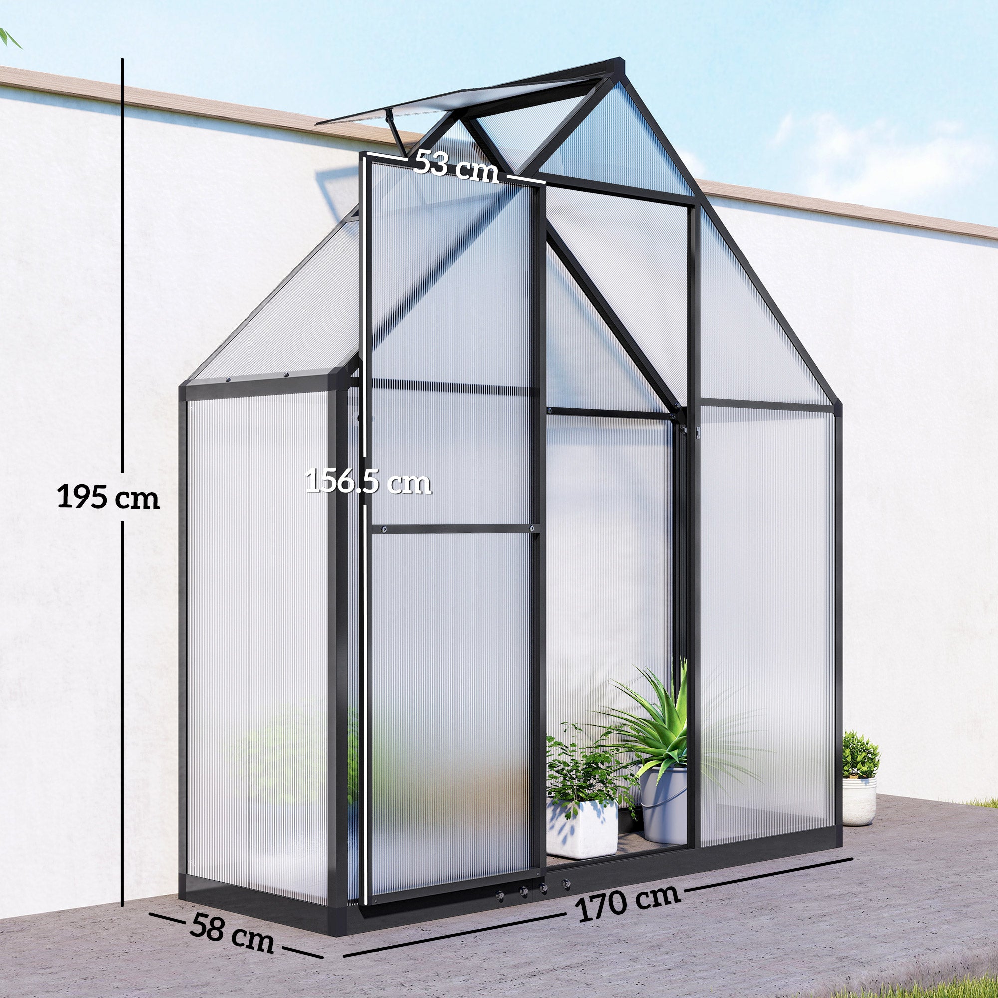 Outsunny Polycarbonate Greenhouse with Swing Door and Adjustable Window, Walk-in Greenhouse, 5.5 x 2ft, Black 