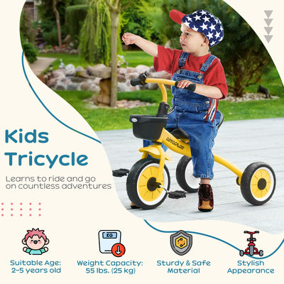AIYAPLAY Kids Trike, Tricycle, with Adjustable Seat, Basket, Bell, for Ages 2-5 Years - Yellow 