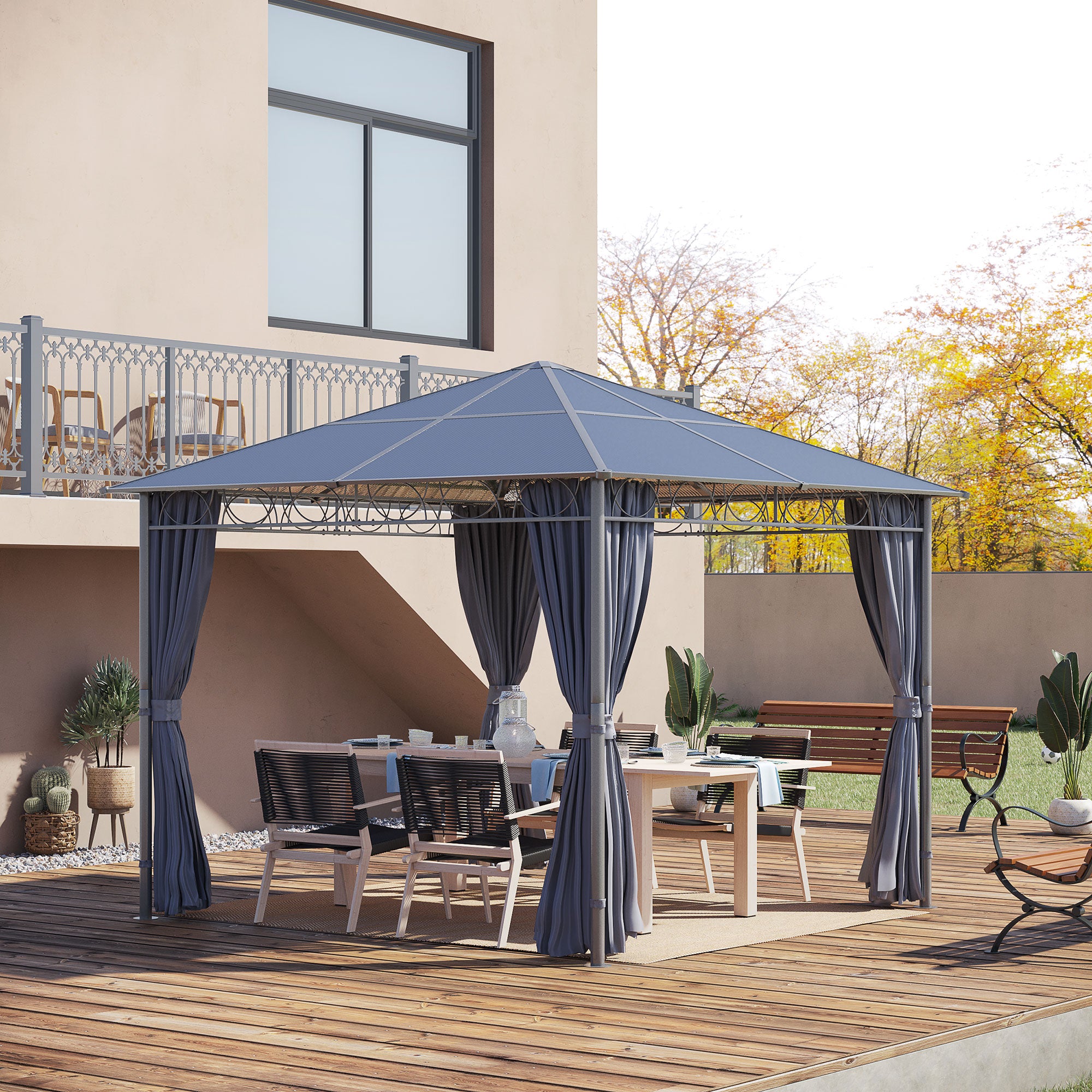 Outsunny 3 x 3(m) Hardtop Gazebo Canopy with Polycarbonate Roof, Permanent Pavilion Garden Gazebo with Curtains for Patio, Deck, Grey 