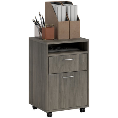 HOMCOM 60cm Filing Cabinet with Drawer, Open Shelf, Metal Handles and 4 Wheels, Office Home Organiser Mobile Printer, Grey 