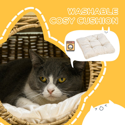 PawHut Elevated Design Wicker Cat House with Washable Cushion, Light Brown 
