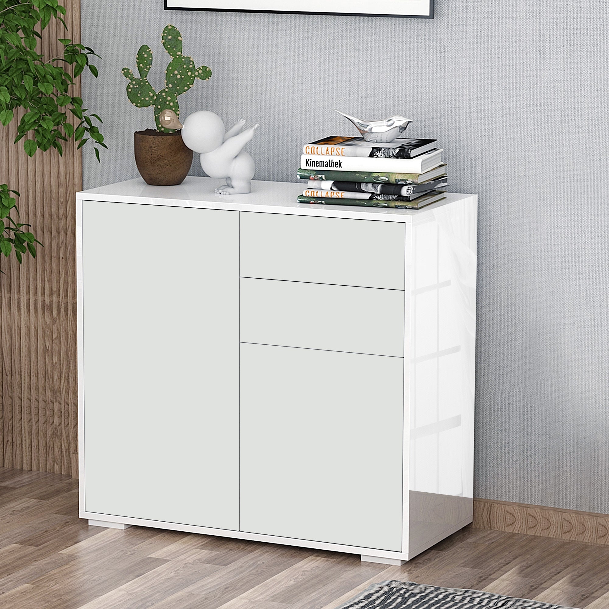 HOMCOM High Gloss Frame Sideboard, Push-Open Design with 2 Drawer for Living Room, Bedroom, 74H x 79W x 36Dcm, White 