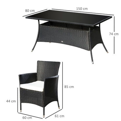 Outsunny 6 Seater Rattan Dining Set with Cushions, Rattan Garden Furniture Set with 6 Armchairs, Rectangular Glass Top Table, Outdoor Dining Table and Chairs, Black 