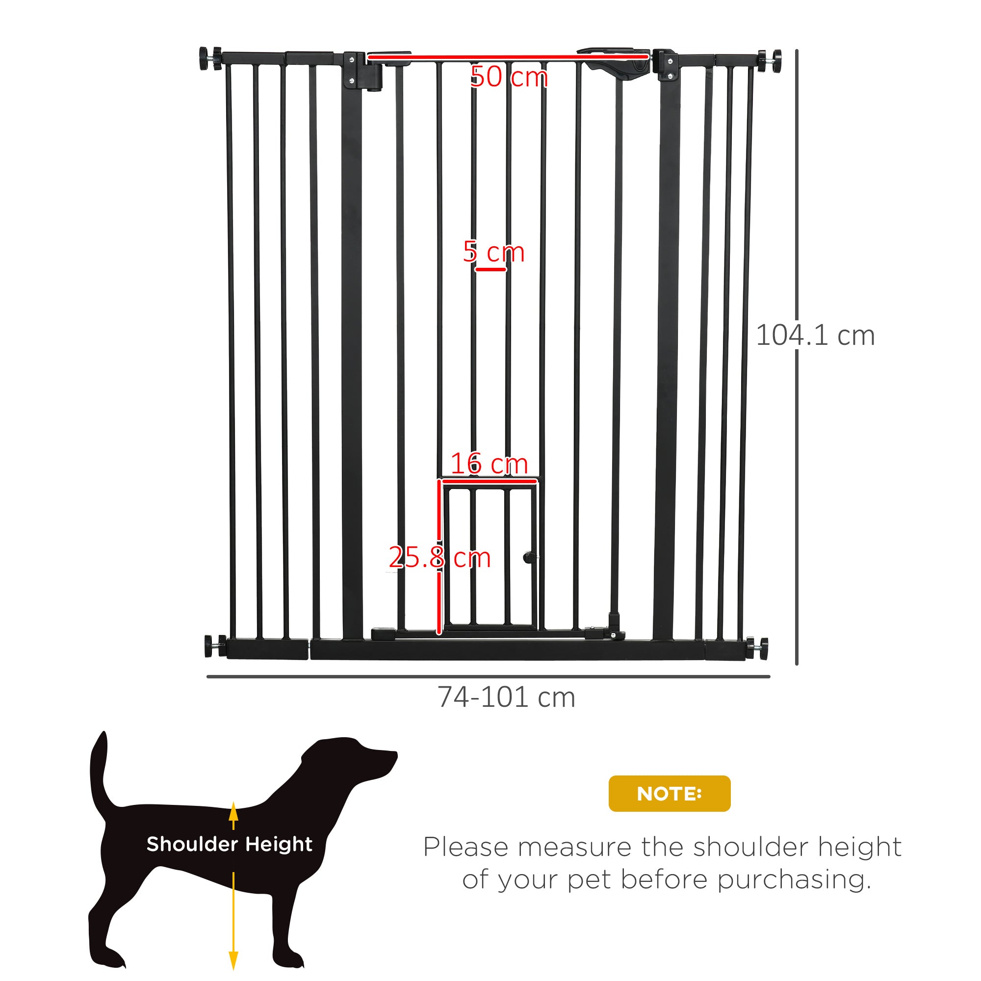 PawHut Extra Tall Pet Gate, Indoor Dog Safety Gate, with Cat Flap, Auto Close, 74-101cm Wide - Black 
