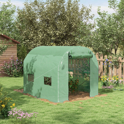 Outsunny Walk-In Garden Polytunnel Greenhouse with Steel Frame, PE Cover, Roll-Up Door and 4 Windows, 2.5 x 2m, Green 