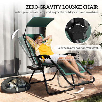 Outsunny Zero Gravity Lounger Chair Set of 2, Folding Reclining Patio Chair with Shade Cover, Padded Seat, Cup Holder, Soft Cushion and Headrest for Poolside, Camping, Green 