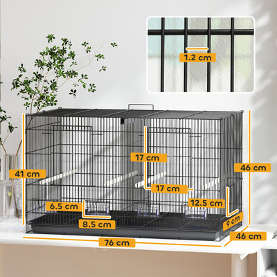 PawHut Bird Cage with Divider, 4 Wooden Perches, Slide Out Tray, 4 Feeders, for Budgie, Lovebird, Canary, 76 x 46 x 46cm, Black 