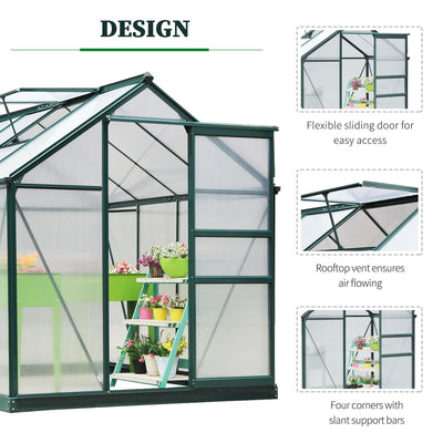 Outsunny 6 x 8ft Polycarbonate Greenhouse, Large Walk-In Green House with Slide Door and Window, Garden Plants Grow House with Aluminium Frame and Foundation, Dark Green 