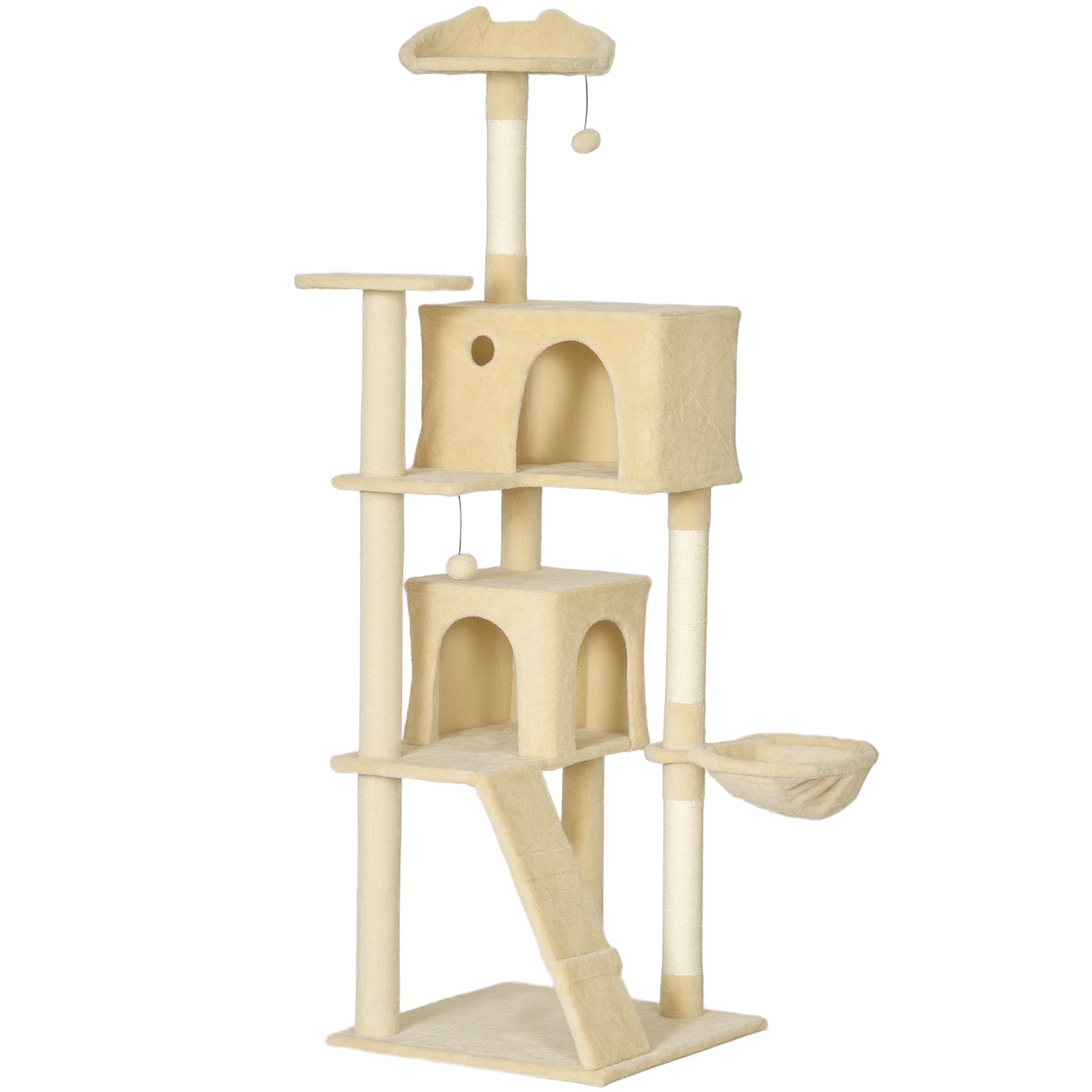 PawHut 180cm Large Cat Tree Tower with Sisal Scratching Posts, Condos, Plush Perches, Hammock, Ladder, Beige 