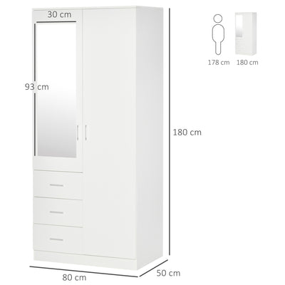 HOMCOM Modern Mirror Wardrobe 2 Door Storage Cupboards Home Storage Organisation Furniture with Adjustable Shelf, Hanging Rail and 3 Drawers, 180cm, White 