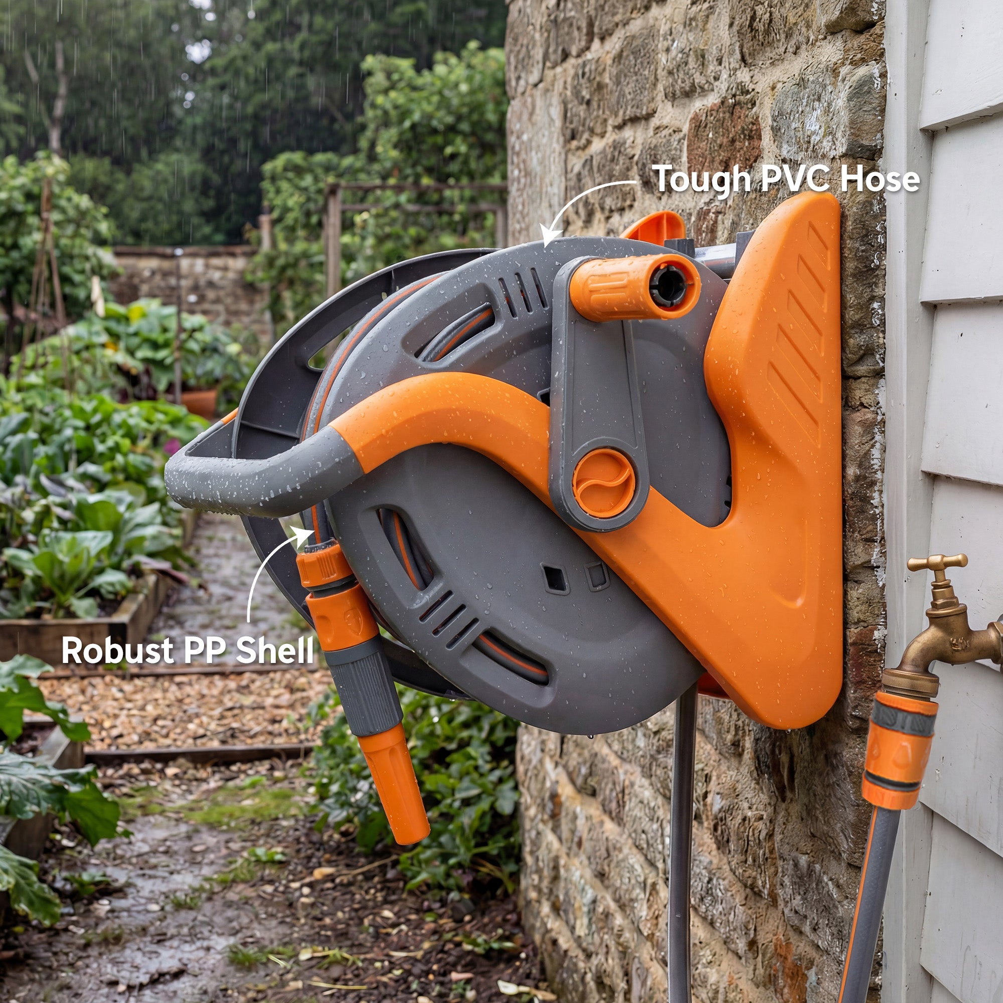 Outsunny Portable Garden Hose Reel, 20+2 m Wall Mounted Hose Reel with 2 Patterns Spray Nozzle and Crank Handle, Orange 