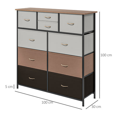 HOMCOM Bedroom Chest of Drawers, 10 Drawer Dresser with Foldable Fabric Drawers and Steel Frame, Multicolour 