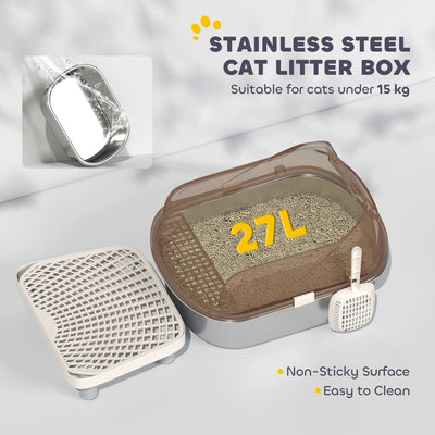 PawHut Stainless Steel Litter Box with Lid, High Wall Sided Enclosure, Pedal, Scoop, Non-Sticky, Anti-Leakage, Easy Cleaning 