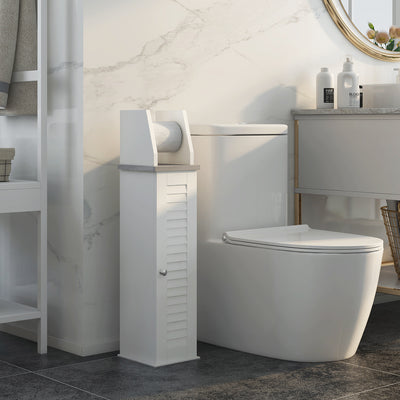 kleankin Slim Bathroom Floor Cabinet with Cupboard, Roll Holder and Adjustable Shelf, Toilet Roll Storage Unit for Toilet Paper, Shampoo, White 