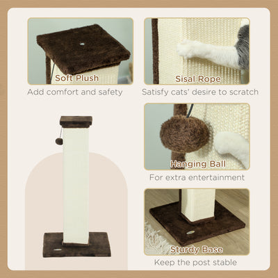 PawHut 81cm Cat Scratcher, Vertical Full Scratcher w/ Natural Sisal Rope, Hanging Ball, Soft Plush - Brown 