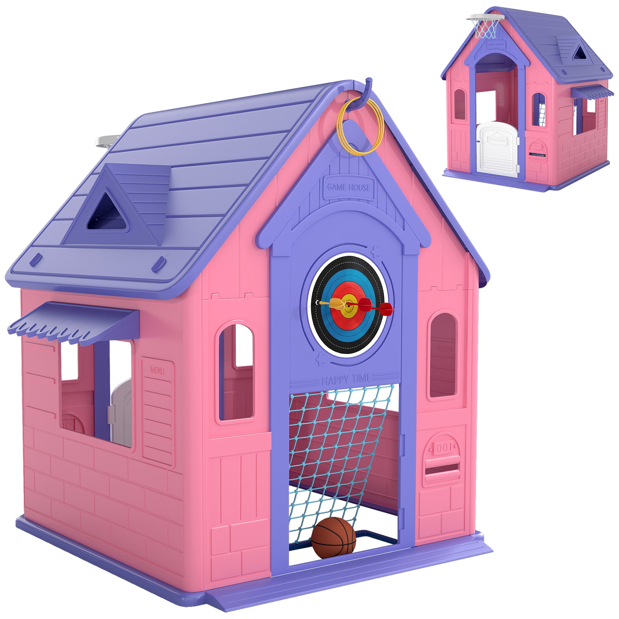 AIYAPLAY 5-in-1 Playhouse for Kids Outdoor Indoor with Basketball Hoop, Football Goal, Dartboard, Ring Toss for 2-5 Years, Pink