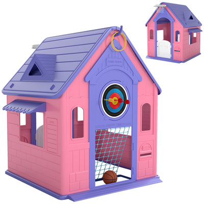 AIYAPLAY 5-in-1 Playhouse for Kids Outdoor Indoor with Basketball Hoop, Football Goal, Dartboard, Ring Toss for 2-5 Years, Pink 