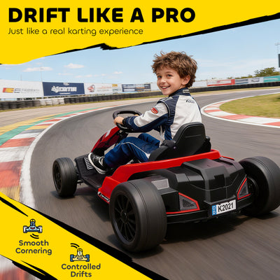 AIYAPLAY 24V Electric Go Kart, Drift Kart with Adjustable Seat, Slow Start, 5-Point Harness, Music, Horn, for 6-12 Years, Red 