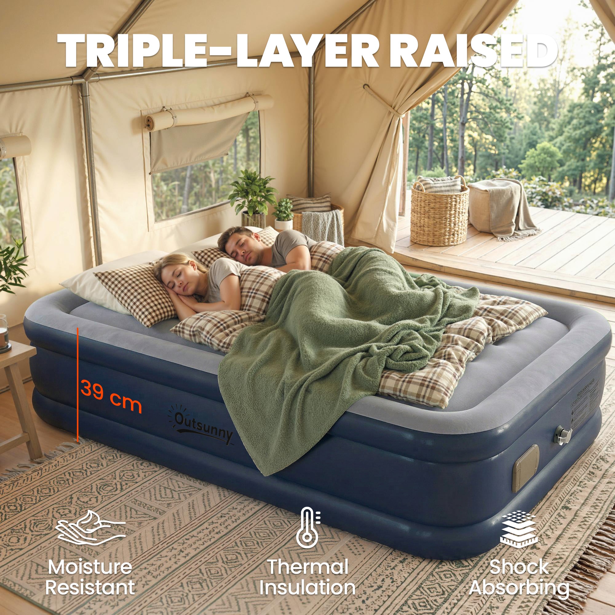 Outsunny Inflatable Mattress, Double Air Bed with Built-in Electric Pump, 3 Mins Inflation, Flocked Surface, Grey 