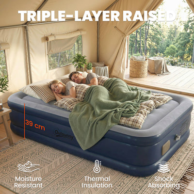Outsunny Inflatable Mattress, Double Air Bed with Built-in Electric Pump, 3 Mins Inflation, Flocked Surface, Grey 